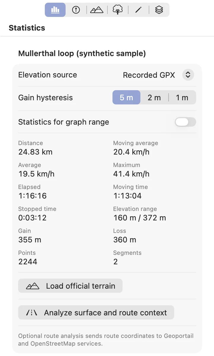The statistics panel of GPX Viewer.