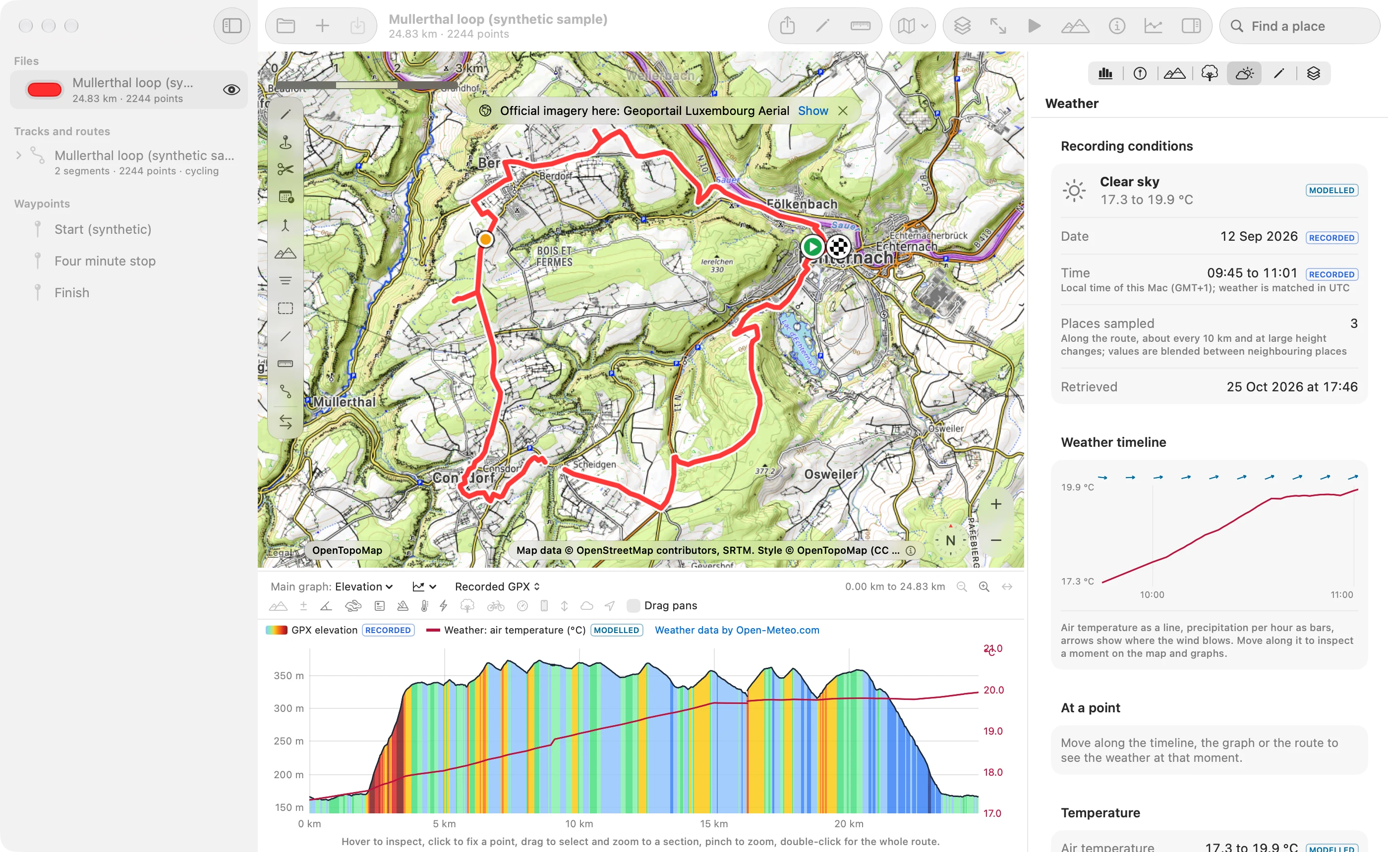 GPX Viewer for macOS with the Weather inspector open: recording conditions clear sky, 17.3 to 19.9 degrees, the weather timeline, and the graph showing elevation with the modelled air temperature line.